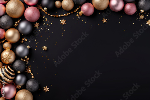 black, pink and golden christmas balls on a black background with space for text, elegant christmas background, top view