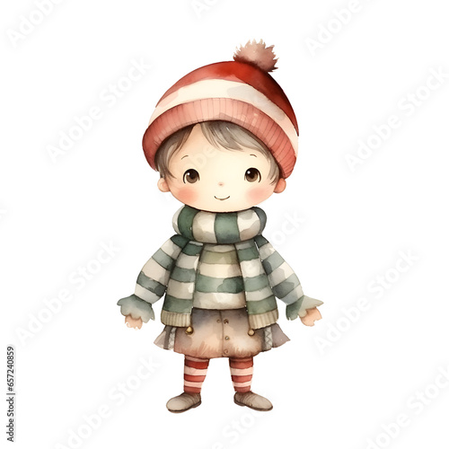 little boy wearing red and green, Christmas character, watercolor illustration