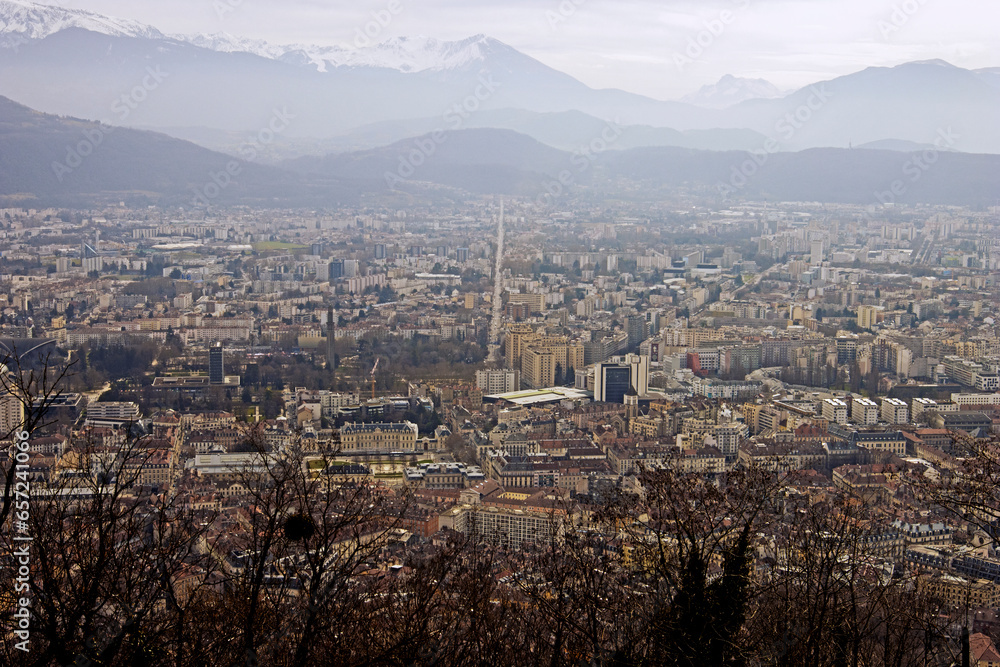 Aerial view of the skyline of Grenoble and the European alps