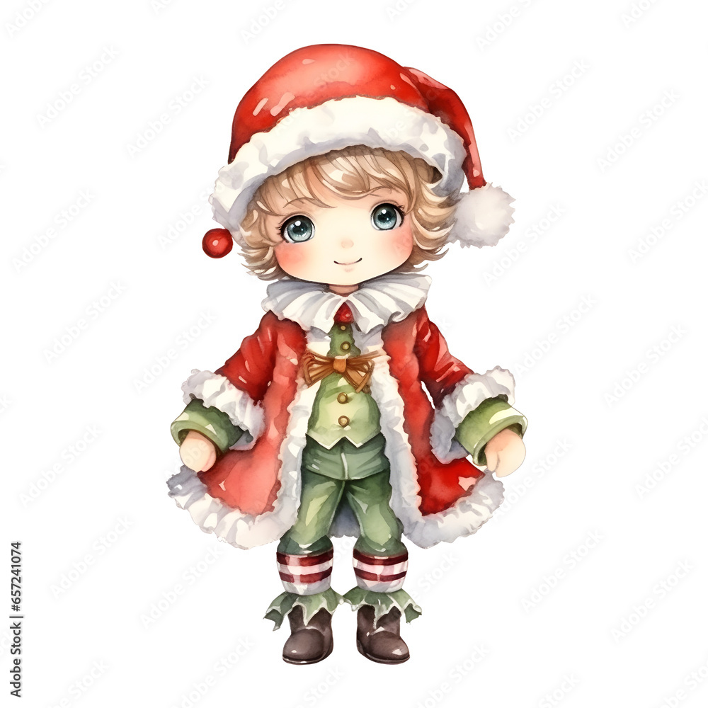 little boy wearing red and green, Christmas character, watercolor illustration little boy wearing red and green, Christmas character, watercolor illustration