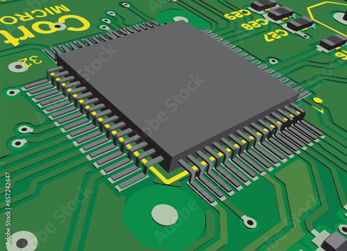 Vector pcb layout with microcontroller.  Printed circuit board of an electronic  device with conductors, contact pads and seats placed on it.  Engineering drawing. Electric background. 