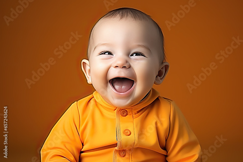 Laughing Baby in Orange Garb Illuminated by Vibrant Orange Background. created with Generative AI