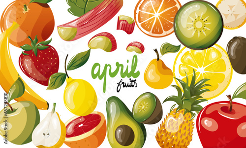 Ensemble de fruits de saison du mois d'avril. Illustration vectorielle. Graphic design éléments. Fruits pour clipart ou pour illustrations. 