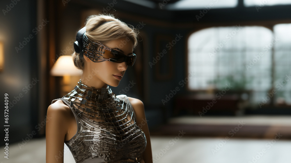Sexy Frau in Lack und Leder Designer Outfit als Escort Dame mit Brille Porträt, ai generativ - obrazy, fototapety, plakaty 