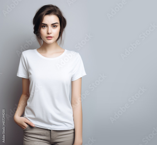 Beautiful model in white t-shirt and jeans at the casting session