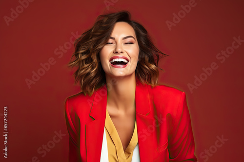 Joyful Young Businesswoman in Bright Attire, Exuding Positivity Against a Vivid Solid Background. created with Generative AI