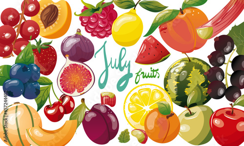 Ensemble de fruits de saison du mois de juillet. Illustration vectorielle. Graphic design éléments. Fruits pour clipart ou pour illustrations. 