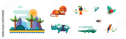 African Animals Geometric Flat Icon as Wild South Fauna Vector Set