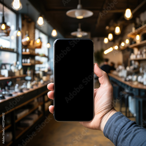 Mockup of a hand that holds a smartphone and takes a picture of a cozy cafe