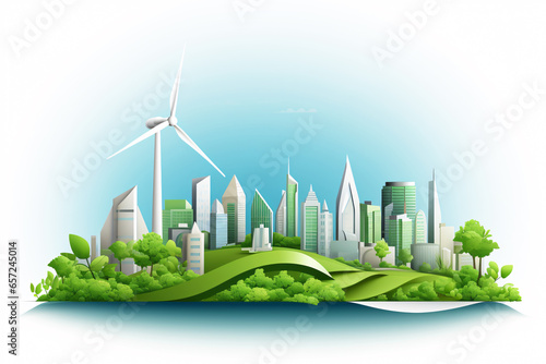 Ecology city background with wind turbines and green trees. Generative ai