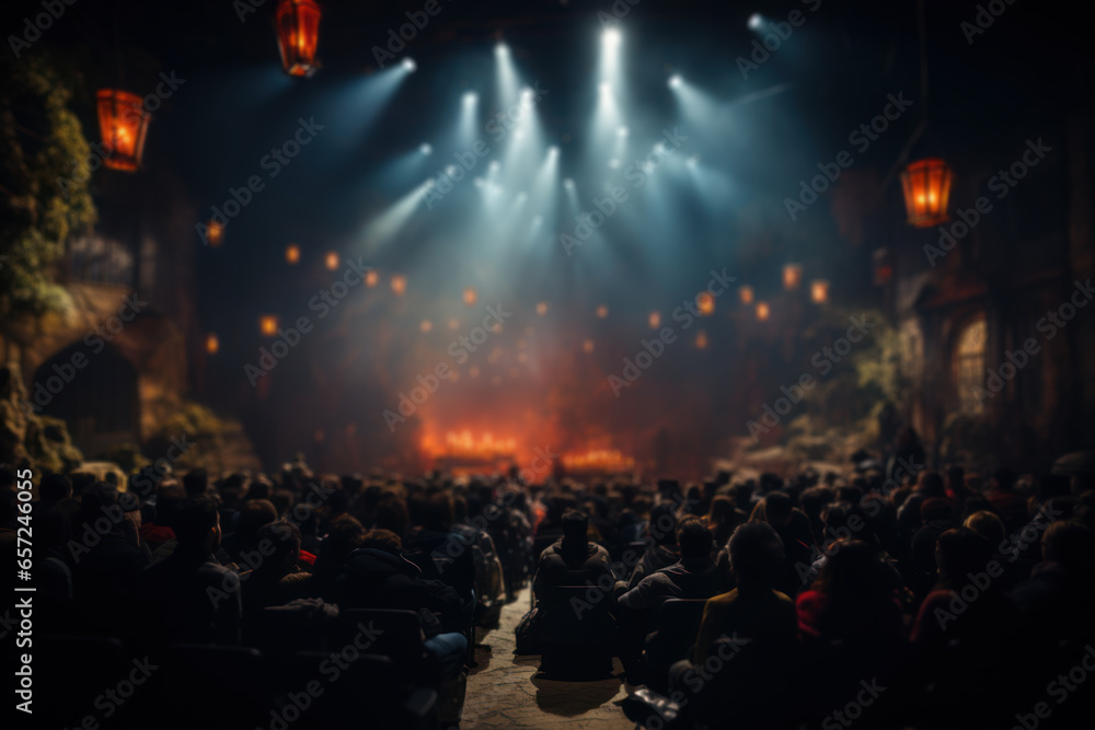 A theater stage with actors in various roles, depicting the art of storytelling and role-playing. Concept of theatrical reality. Generative Ai.