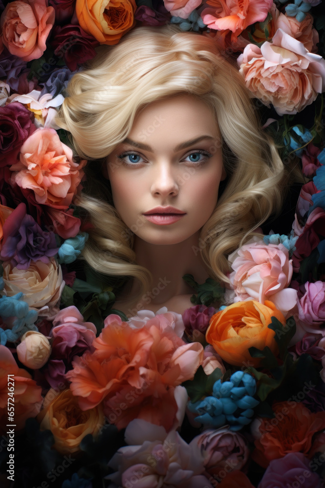 Beautiful Blonde Woman Surrounded by Flowers