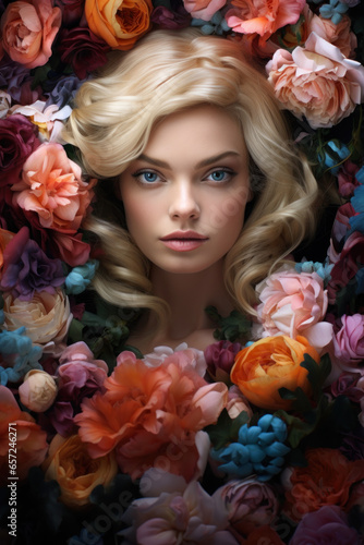 Beautiful Blonde Woman Surrounded by Flowers