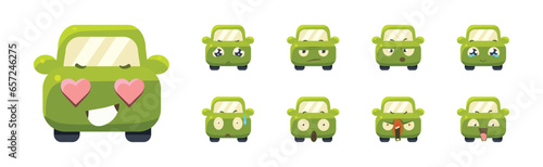 Cute Green Car Cartoon Character Showing Different Emotion Vector Set