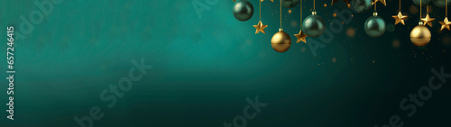 Christmas, advent, winter, hanging green and golden baubles and stars for celebration, decorated, green christmas background banner, greeting card