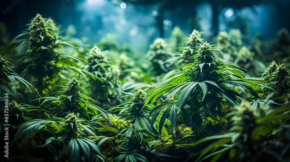 Illegal marijuana planting. Marijuana buds on cannabis plants. Benefits of marijuana. Generative ai - obrazy, fototapety, plakaty 