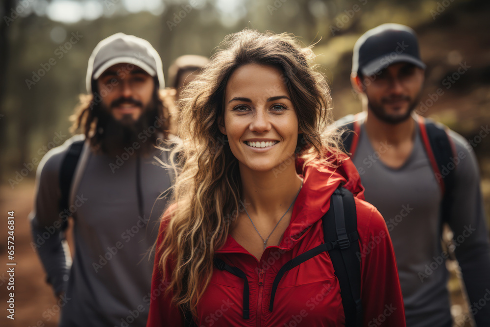 Fototapeta premium A group of friends on a hiking trail, depicting the social aspect of outdoor fitness adventures. Generative Ai.
