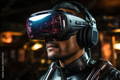A virtual reality headset being worn for immersive gaming, indicating the advancement of technology in entertainment. Generative Ai. © Sebastian