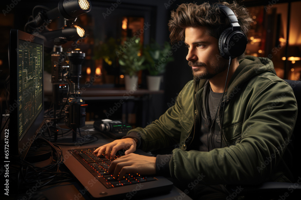 A podcast host recording an episode, symbolizing the growth of digital media in entertainment. Generative Ai. A podcast host recording an episode, symbolizing the growth of digital media in entertainment. Generative Ai.