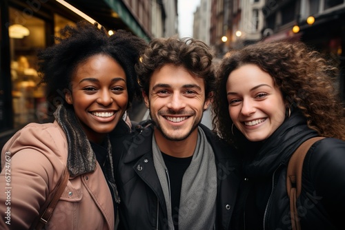 Multicultural happy friends having fun taking group selfie portrait on city street - Young diverse people celebrating laughing together outdoors - Happy lifestyle concept