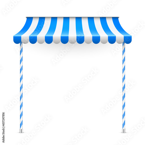 Blue shop sunshade with stand holders. Realistic striped cafe awning. Outdoor market tent. Roof canopy. Summer street store. Vector illustration