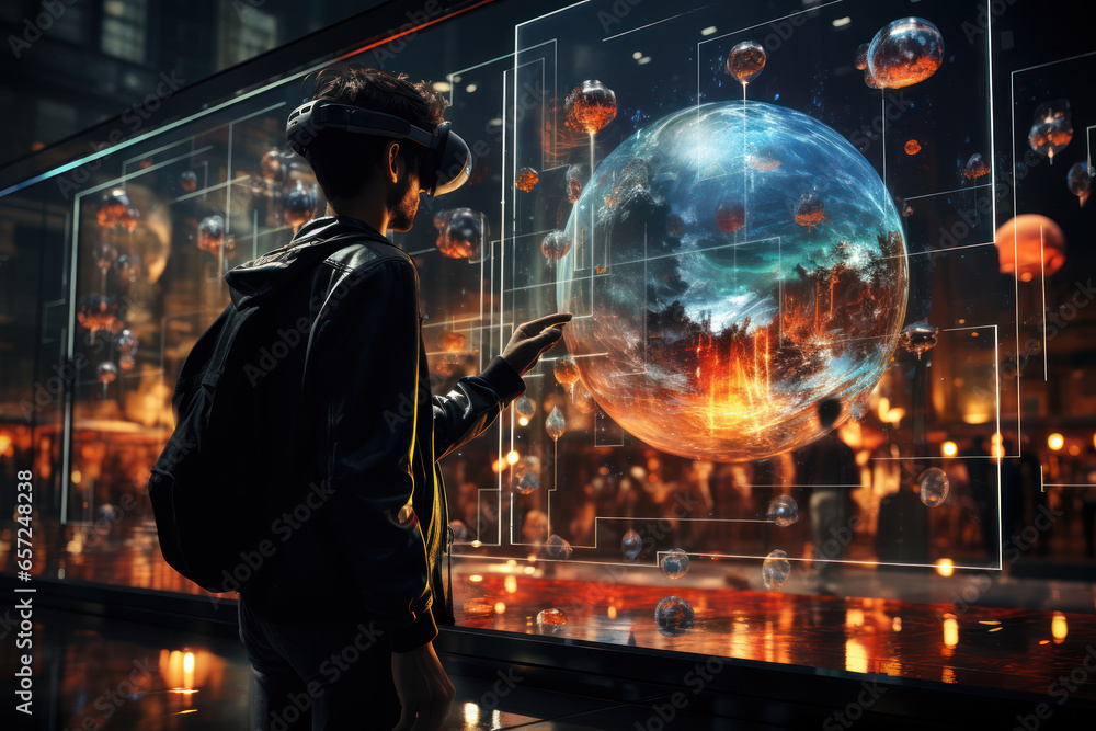 Obraz premium A person exploring a virtual art gallery in augmented reality, merging art with modern technology. Generative Ai.