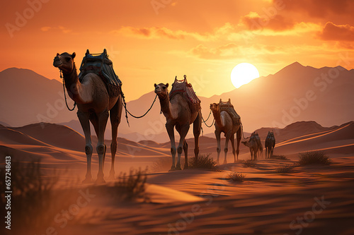 Sands of Twilight Majestic Camels Journeying through the Desert under the Sunset Orange Sky. created with Generative AI © photobuay