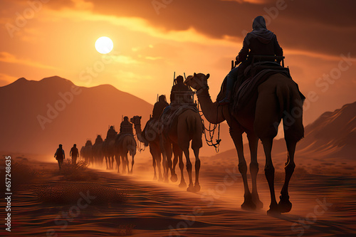 Sands of Twilight Majestic Camels Journeying through the Desert under the Sunset Orange Sky. created with Generative AI