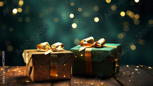 Christmas, celebration, presents in gold and green on a table, green background with bokeh effekt 