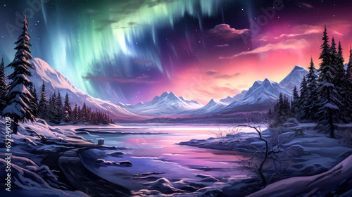 The vibrant colors of the Northern lights dance above, captured in a stunning photograph.