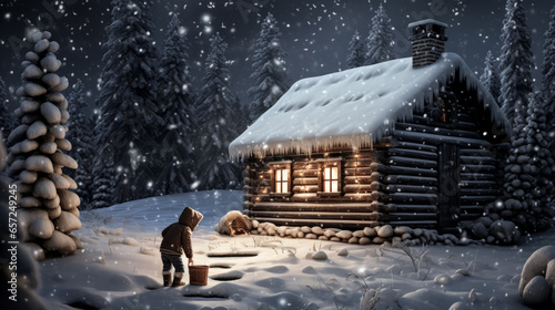 A child joyfully builds a snowman outside a log cabin in a winter wonderland.