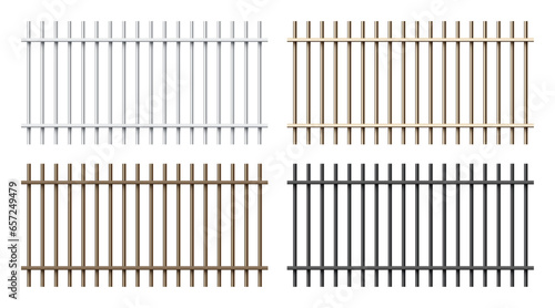Realistic shiny metal prison bars isolated on white background. Detailed jail cage, prison iron fence. Criminal background mockup. Vector illustration