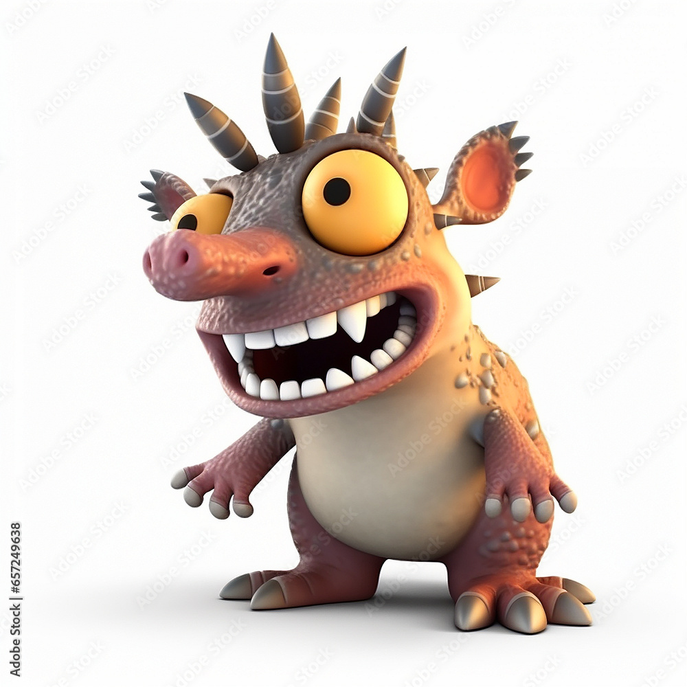 Dragon monster 3D, fantastic creature, funny cute cartoon 3d illustration on white background, creative avatar, fairy tale character 