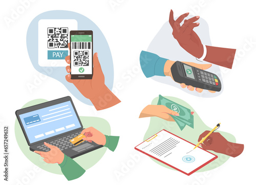 Set of different payment options with human hands