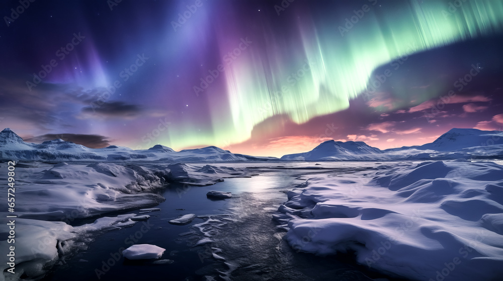 The image shows vibrant colors of the Northern lights streaming above in the night sky.