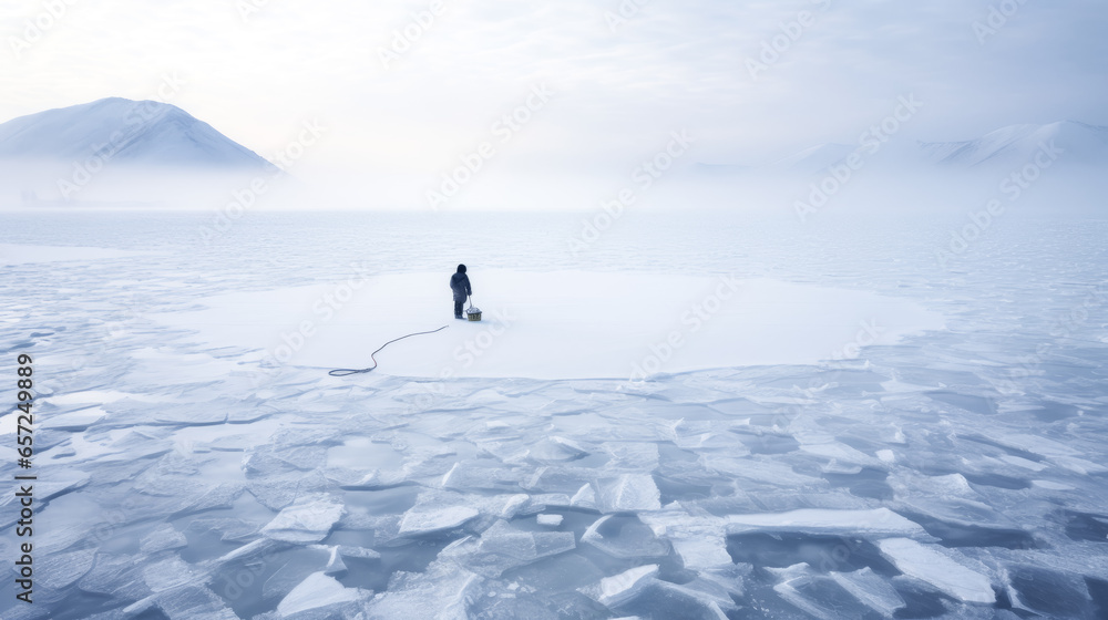 A man is seen ice fishing in the Arctic, bundled up in warm clothing and surrounded by a snowy landscape.