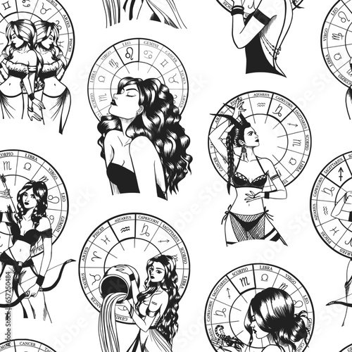 Seamless pattern with hand drawn monochrome arts of beautiful woman with astrological signs.
