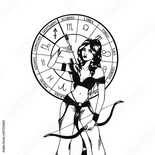 Hand drawn illustrations and silhouettes of monochrome arts of astrological signs and beauty women.