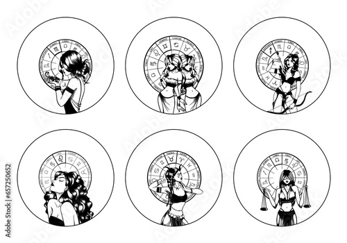 Set of monochrome symbols, icons with astrological signs and romantic beauty women. Zodiac symbols.