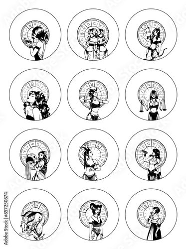 Set of monochrome symbols, icons with astrological signs and romantic beauty women. Zodiac symbols.