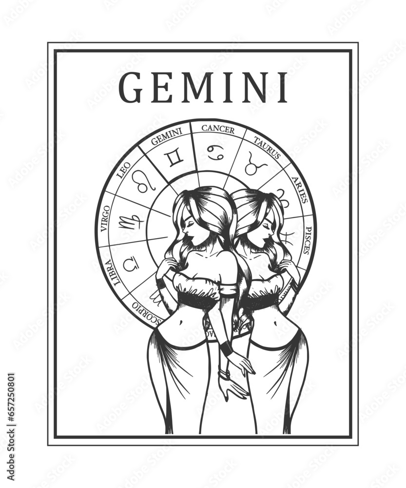 Illustration of monochrome card with astrological sign and romantic beauty woman. Zodiac symbol art.