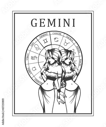 Illustration of monochrome card with astrological sign and romantic beauty woman. Zodiac symbol art.
