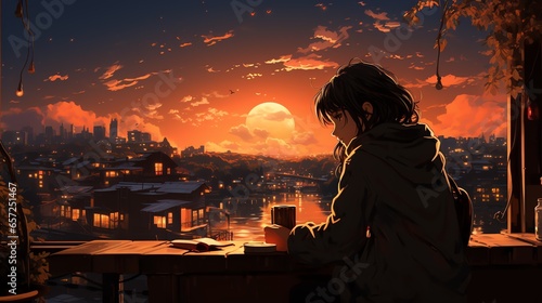 illustration of a woman alone, anime illustration background