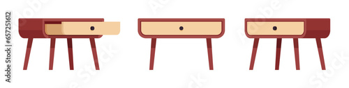 One drawer wood side accent table natural wood brown set. Bedside end table nightstand, bedroom storage cabinet. Vector flat style cartoon home, office furniture objects isolated on white background