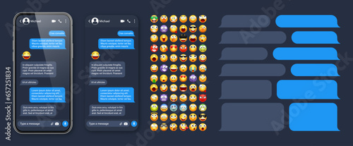 Smartphone messaging app, user interface with emoji. SMS text frame. Chat screen, blue message bubbles. Texting app for communication. Social media application. Dark mode. Vector illustration