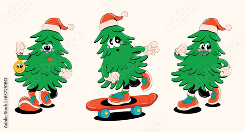 Funny retro characters made from Christmas trees. Set of vector gifts in 60s-80s style. Merry Christmas and Happy New Year.
