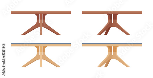 Dining table set, wooden coffee natural brown decor. Living room accent side desk for magazines, books and plants. Vector flat style cartoon home, office furniture objects isolated, white background
