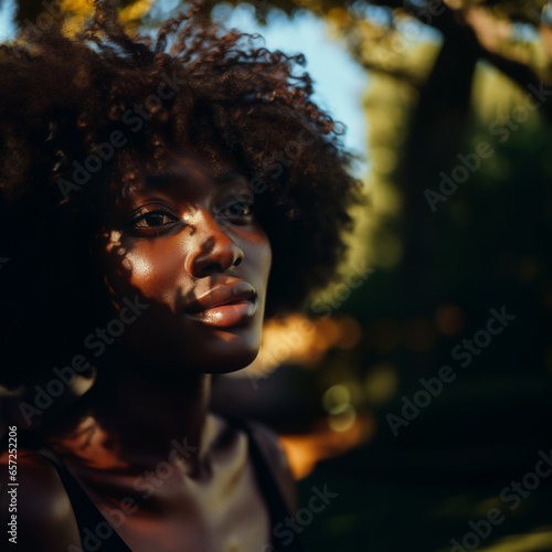 Exquisite Close-up of a Stunning Black Woman with Vibrant Afro Hair: An Outdoor Showcase of Her Intense Gaze, Elegant Lips, and Timeless Charm