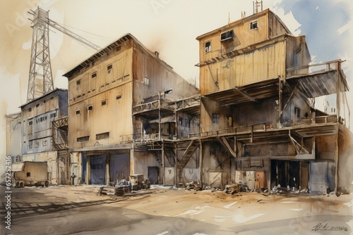 A watercolor depicting a factory shop with tall metal structures, hoisting winches, and cranes. Generative AI