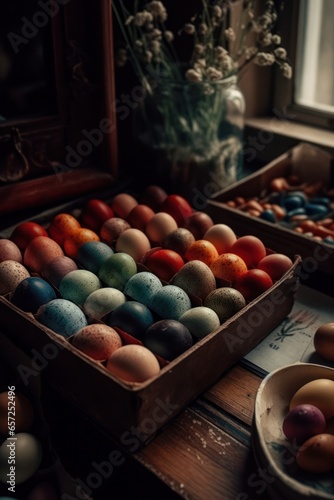 decorating handmade eggs for Easter on the table. rustic style